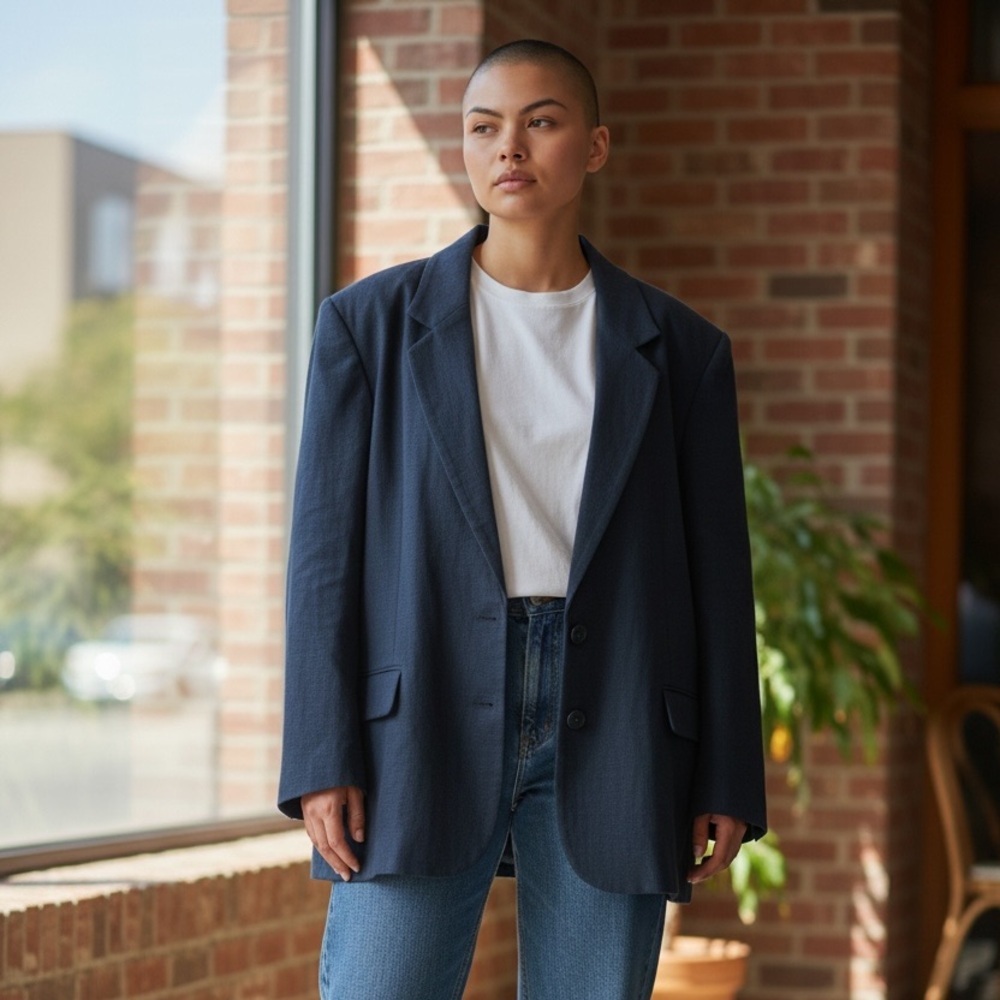 80s WORTHINGTON NAVY LINEN BLEND CLASSIC OVERSIZED 2 BUTTON LINED BLAZER SZ 26W